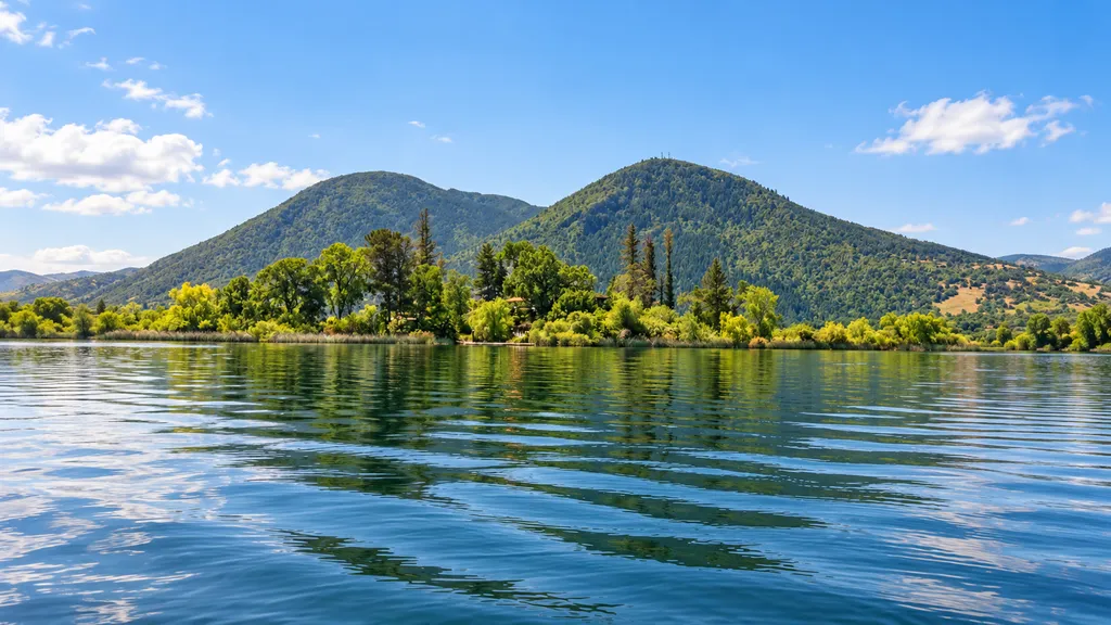 A serene lake with mountains and trees reflected on the water.