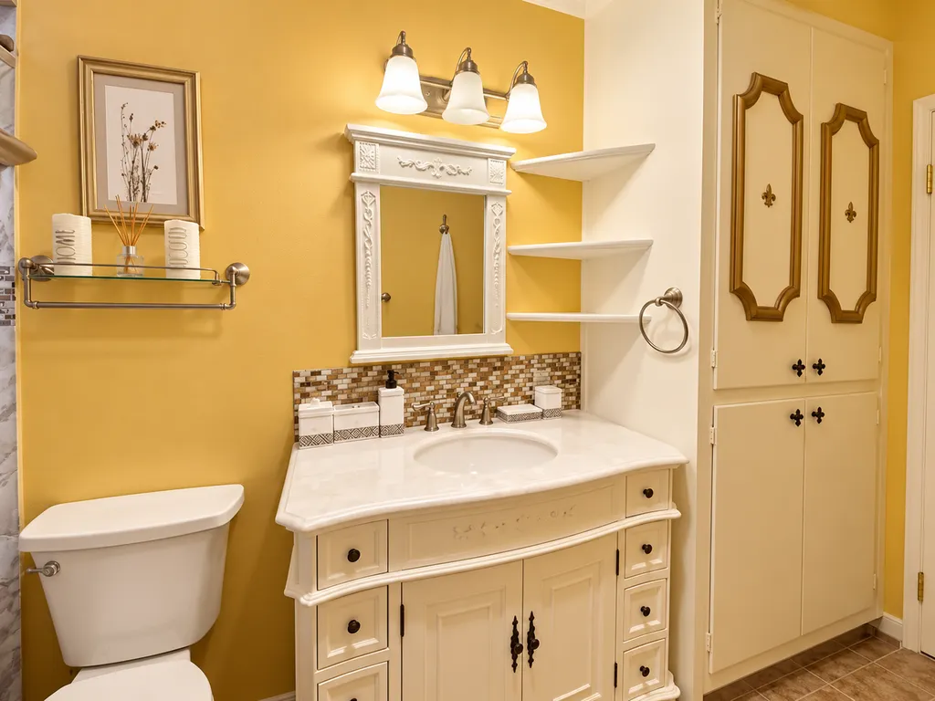 A bathroom with yellow walls, a white vanity, a mirror, and a toilet.