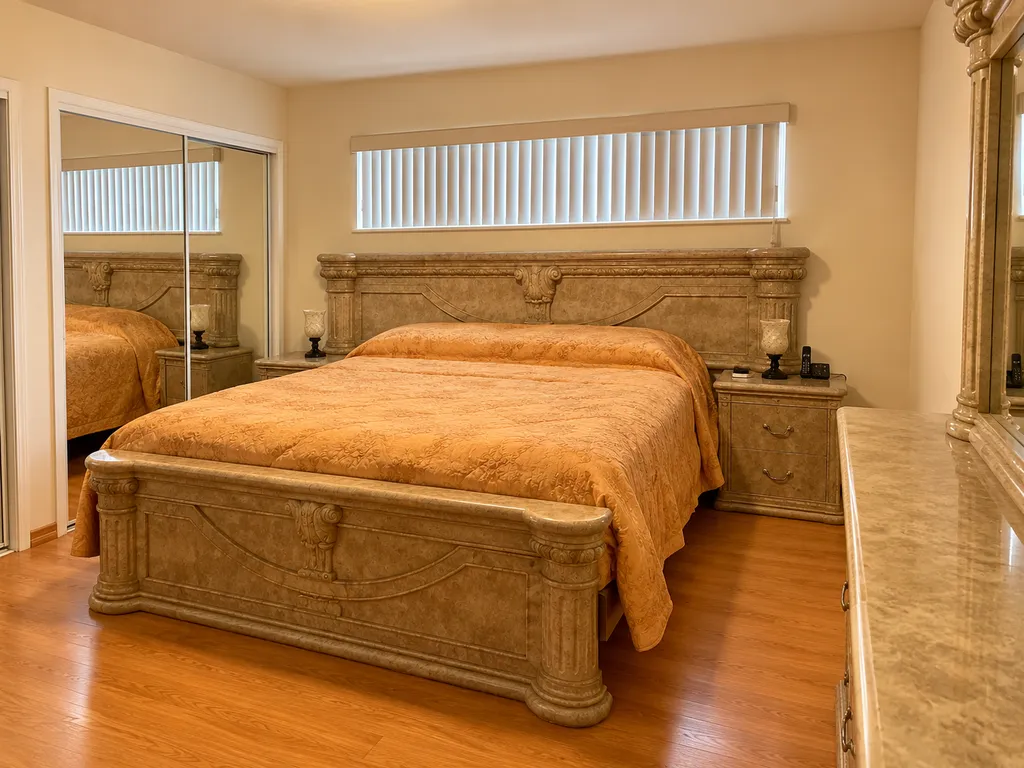 A bedroom with a large bed, wooden floor, and a mirror reflecting the room.