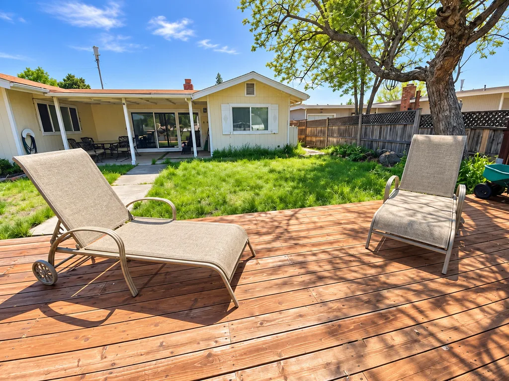 Two lounge chairs on a wooden deck with a tree and house in the background.
